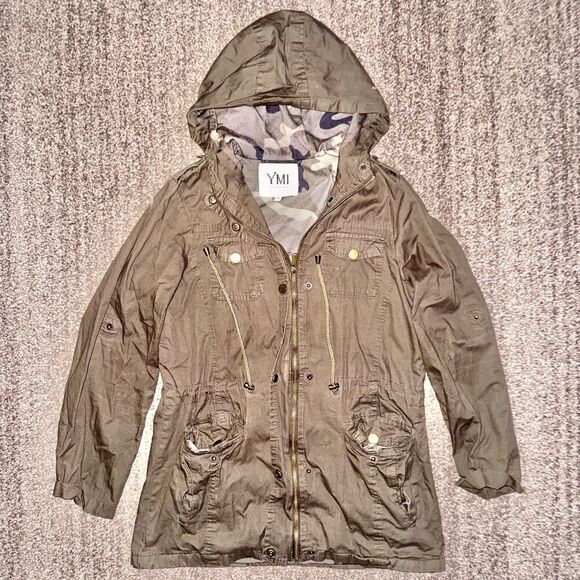 YMI Collection Women's Full Zip Olive Green Utility Hooded Jacket Size Medium - Picture 1 of 8